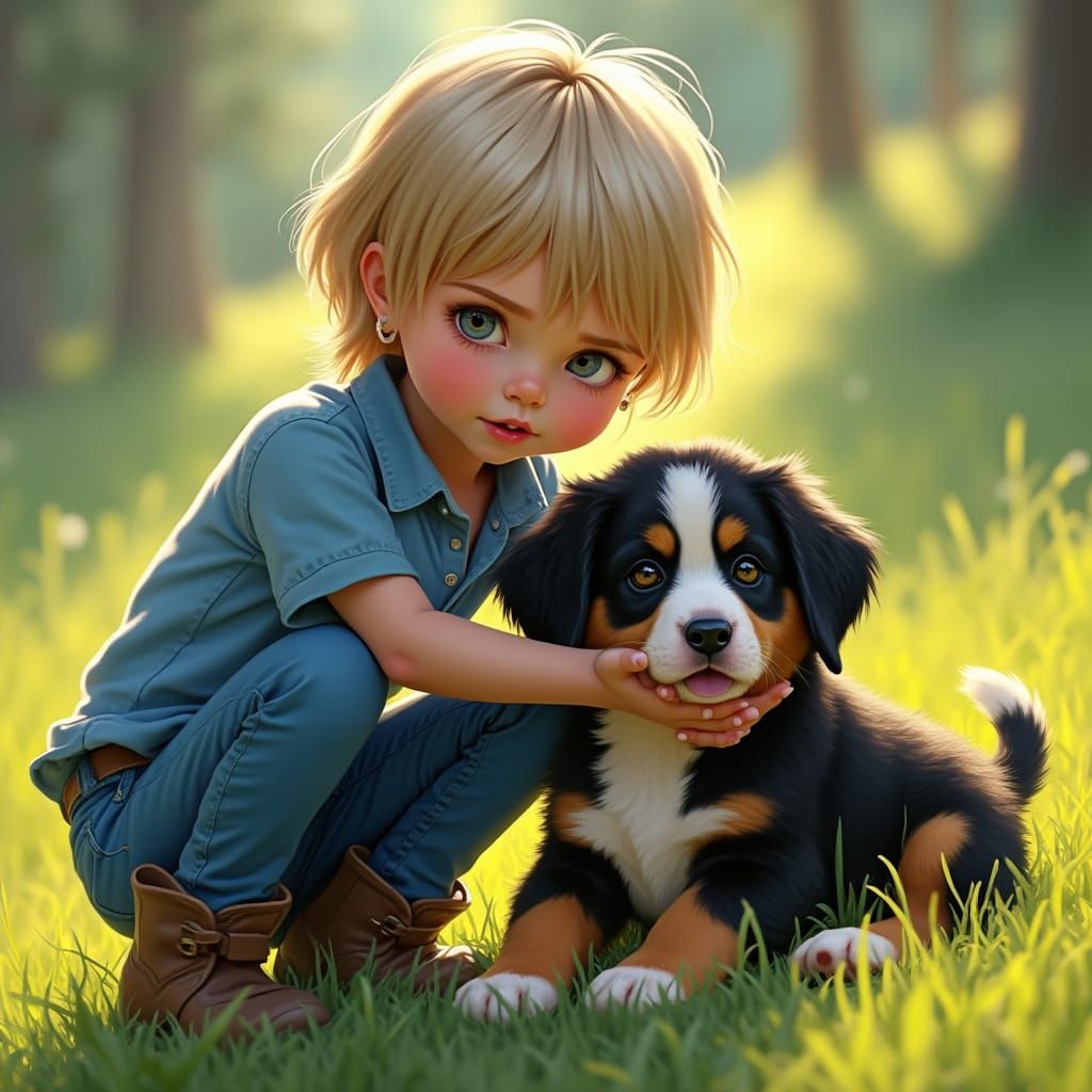 Whimsical Girl and Loyal Bernese Mountain Dog in a Fantastic...
