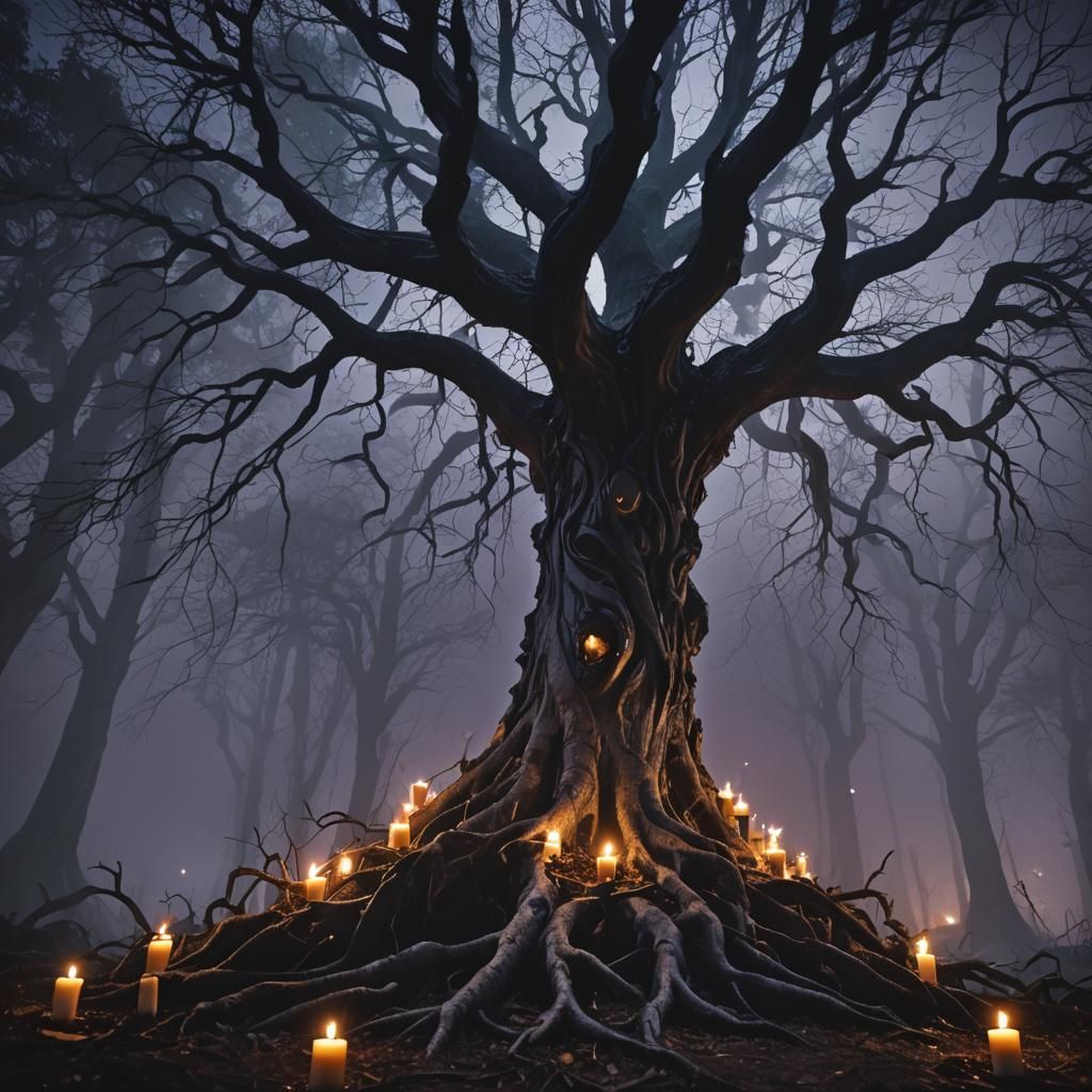 Ethereal Candle Trees in Dark Fantasy Forest