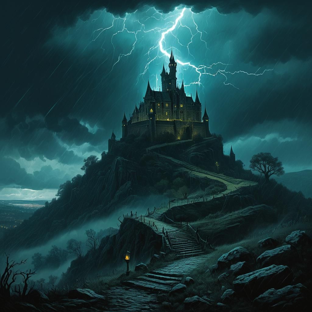 Creepy Castle on a Hill During a Lightning Storm