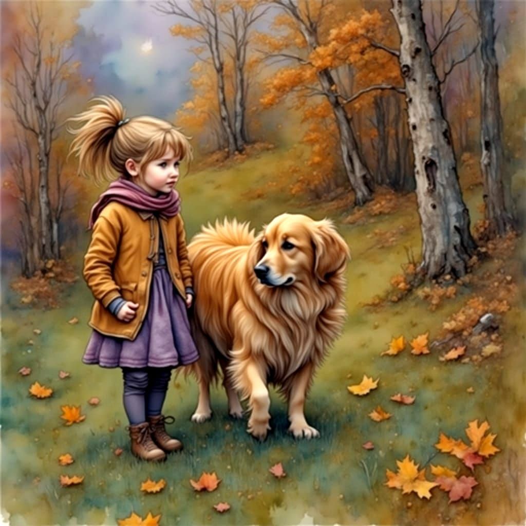 Girl in Watercolor Autumn Landscape with Windy Hill