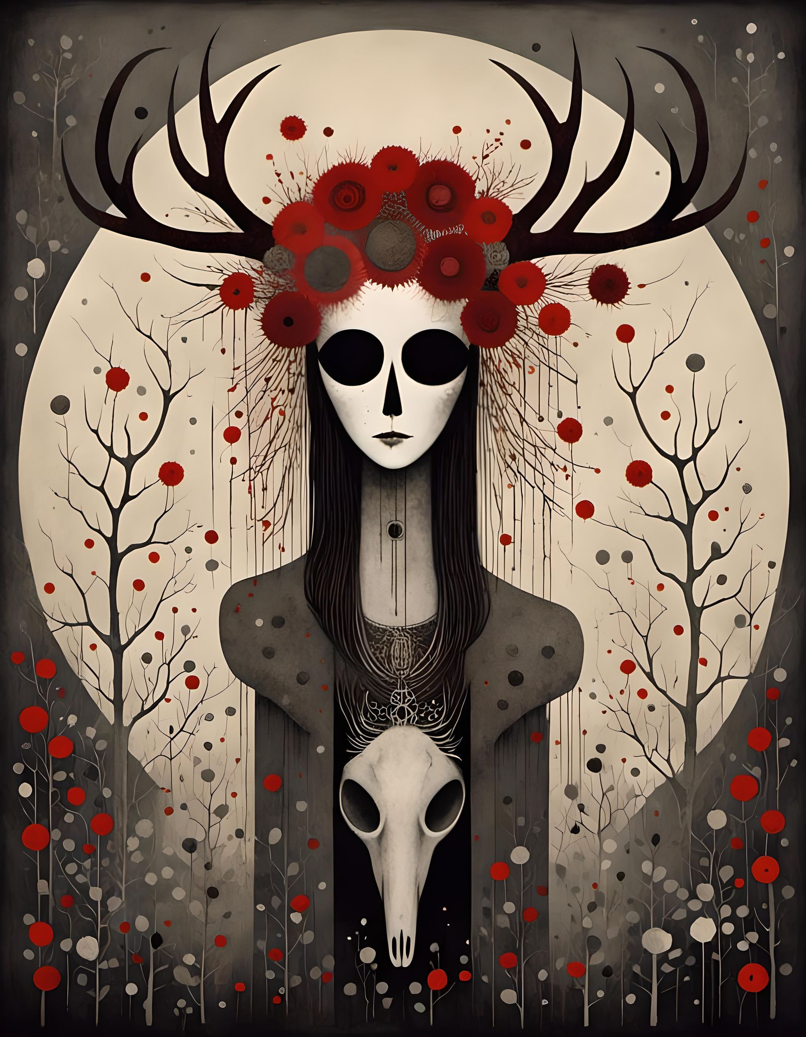 Gothic Shaman with Deer Skull Mask in Black and White
