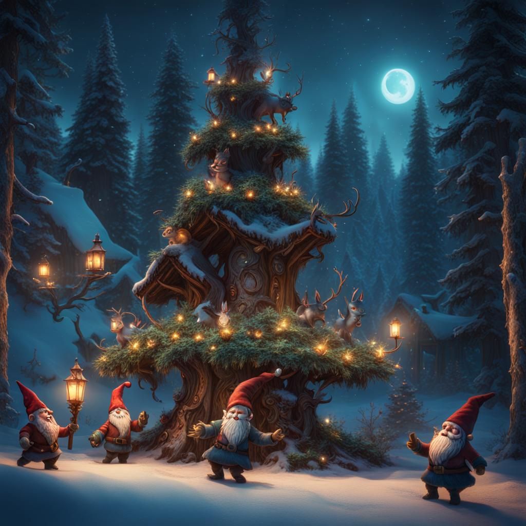 Gnomes and Animals Celebrate Winter Solstice