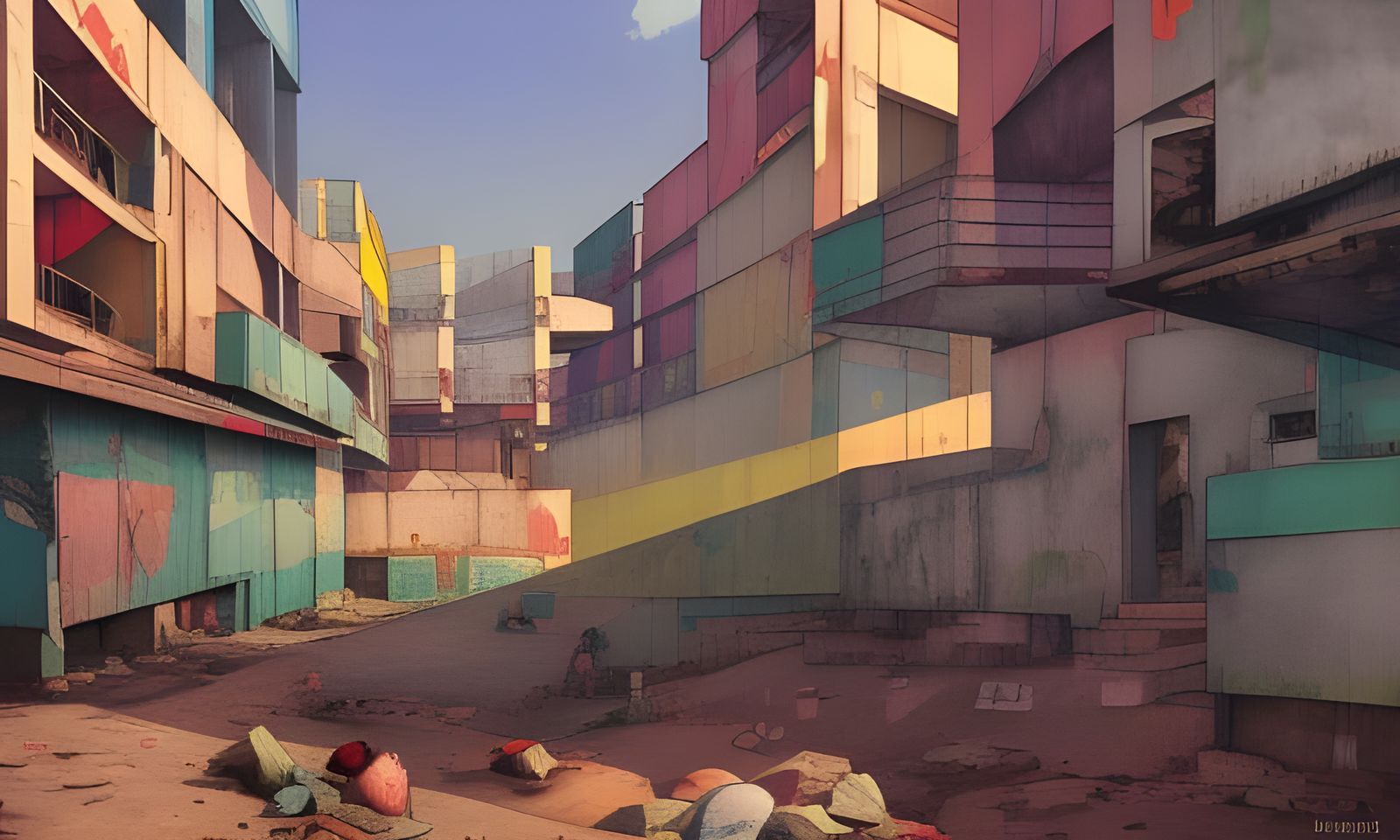 Colorful Favela Concept Art in Neo-Brutalism Style