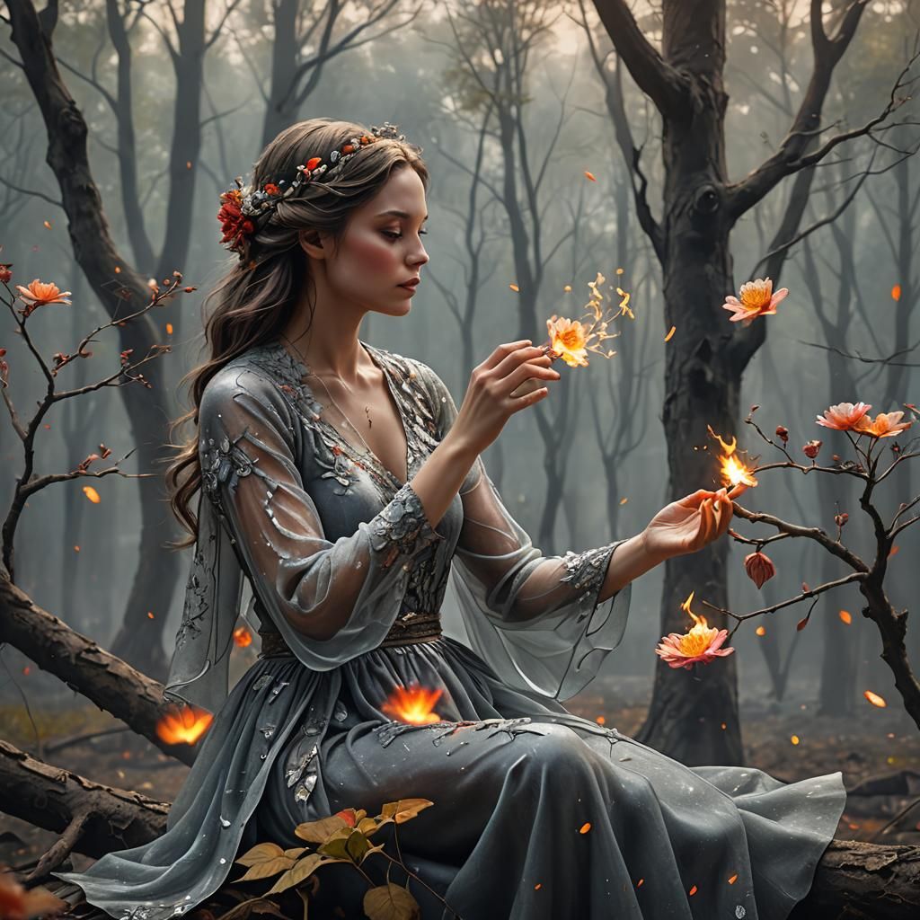 Glass Woman with Flowers in a Landscape Painting