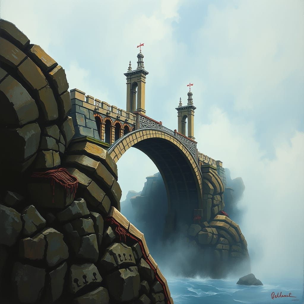 Fantasy Bridge in Textured Gouache Impasto Style