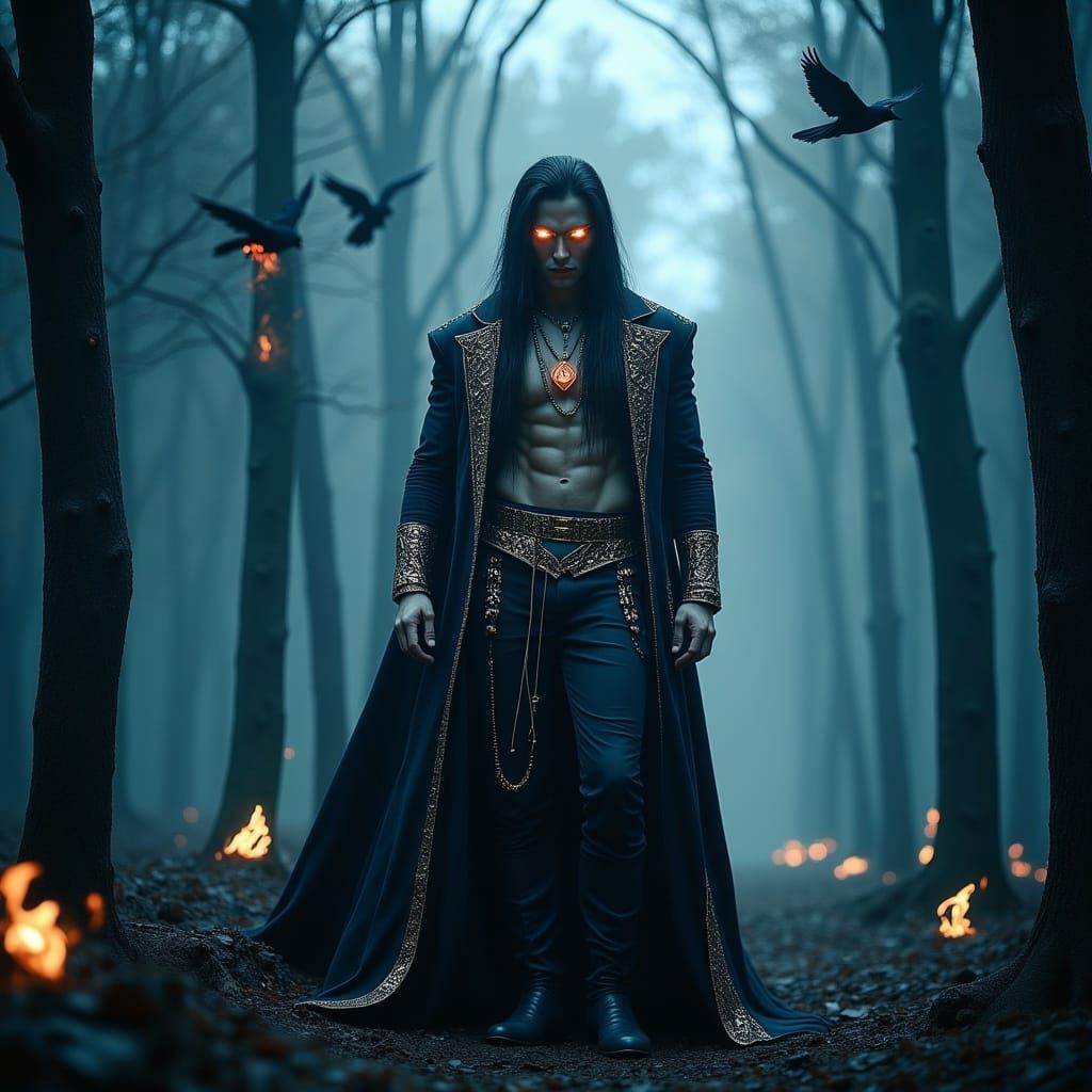 Ethereal Man with Lavender Eyes in Moonlit Forest