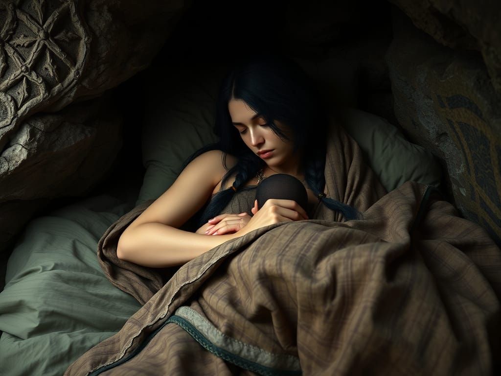 Anglo-Saxon Druid Mother Asleep with Baby in Cave