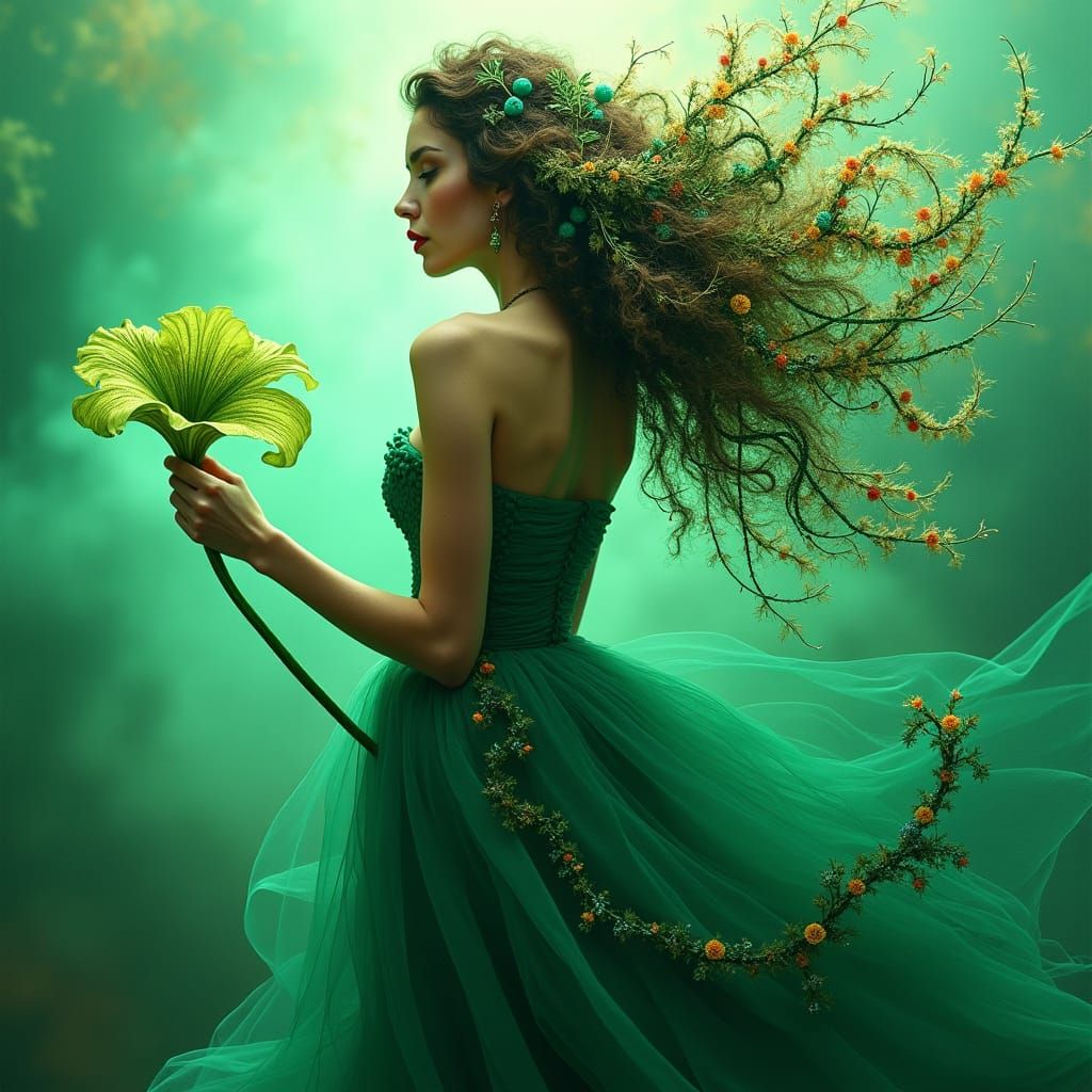 Emerald Woman in Abstract Expressionist Dreamscape