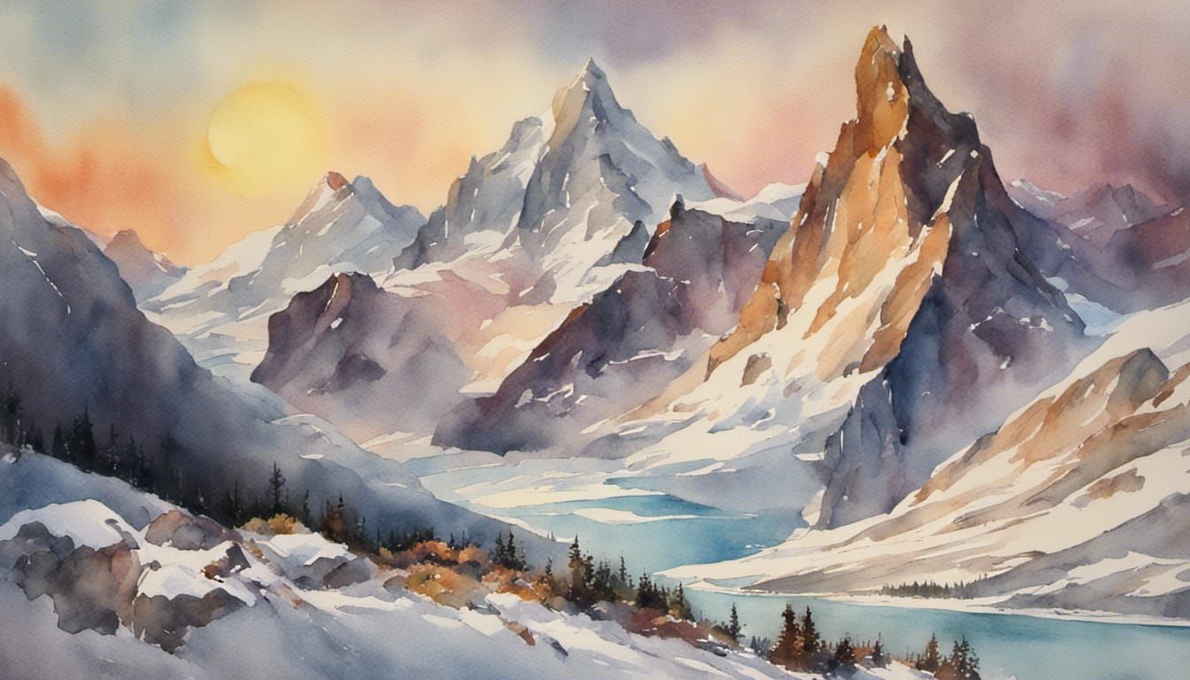 Colorful Mountain Sunset: A Detailed Watercolor Landscape