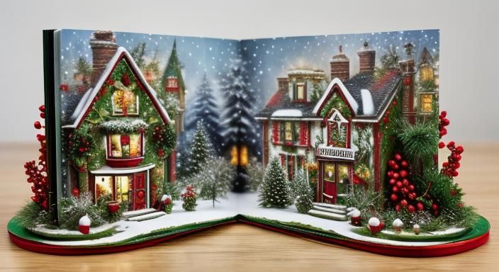 Christmas Scene with 3D Pop-up Book and Holly