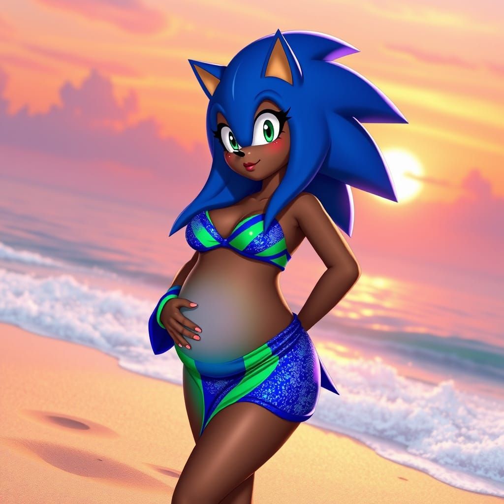Confident Curvy Sonic the Hedgehog in Vibrant Beach Kimono