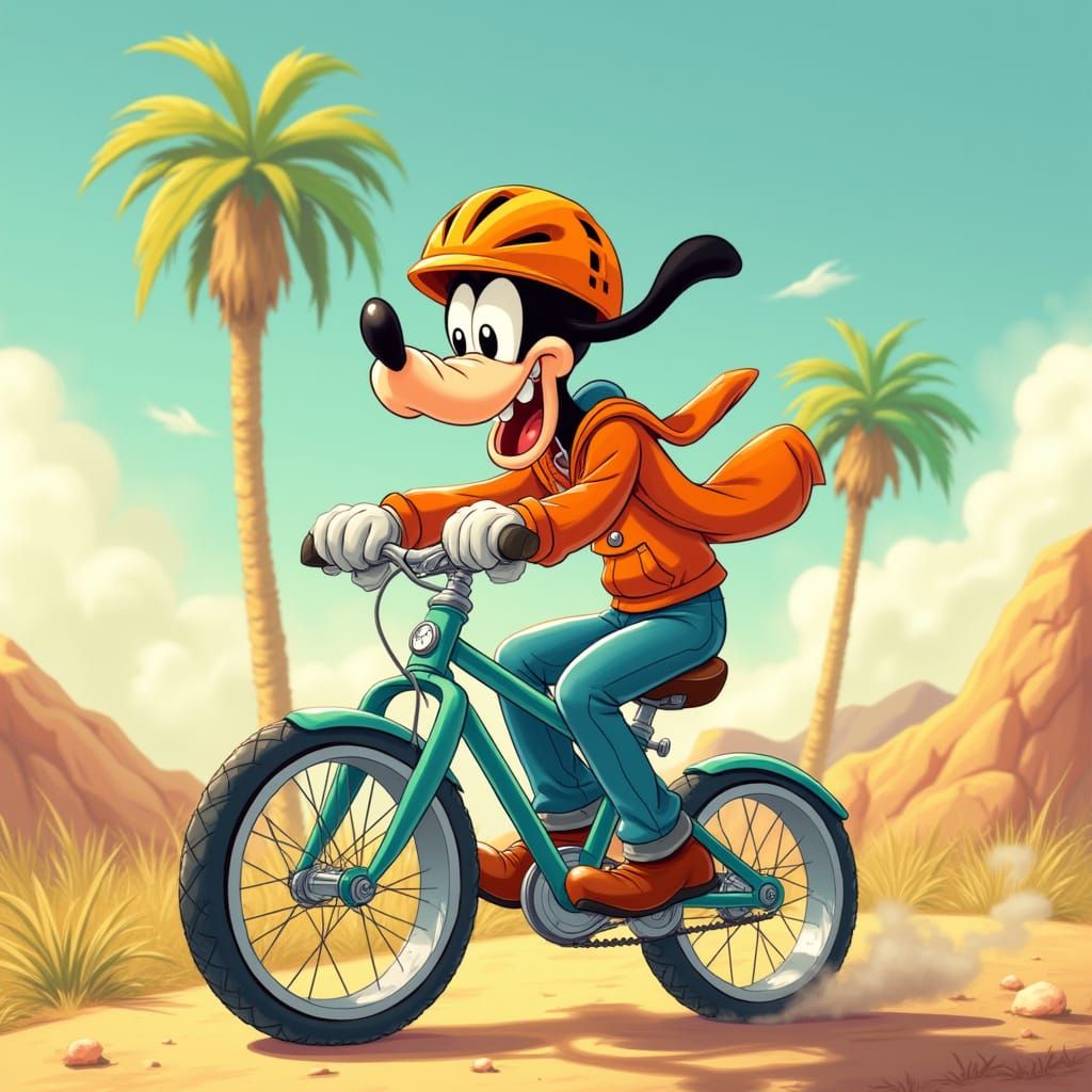 Goofy Rides Bike in Disney Animation Style