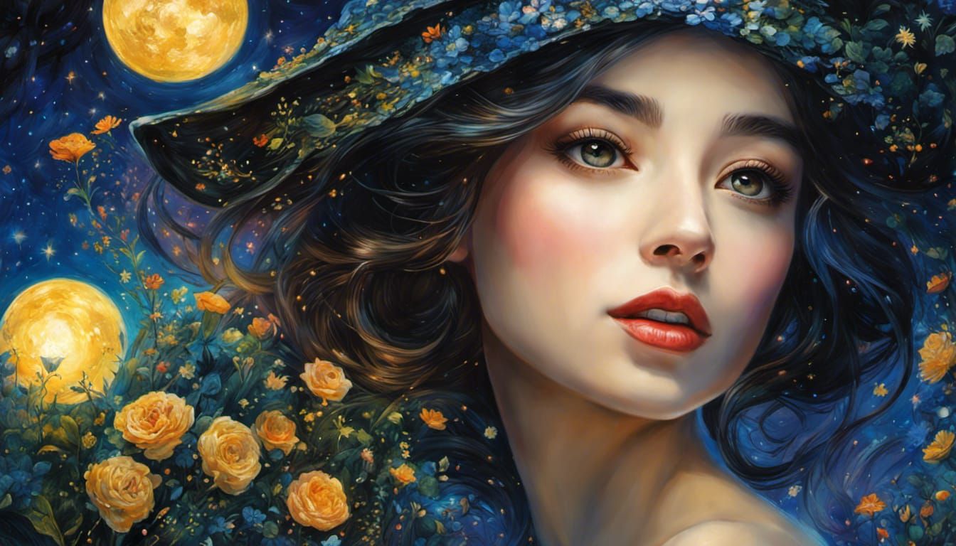 Starry Night Portrait in Gouache Style