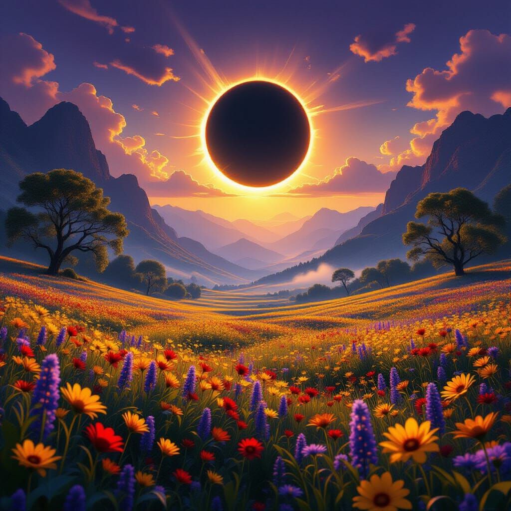 Solar Eclipse Over Wildflower Valley in Golden Light