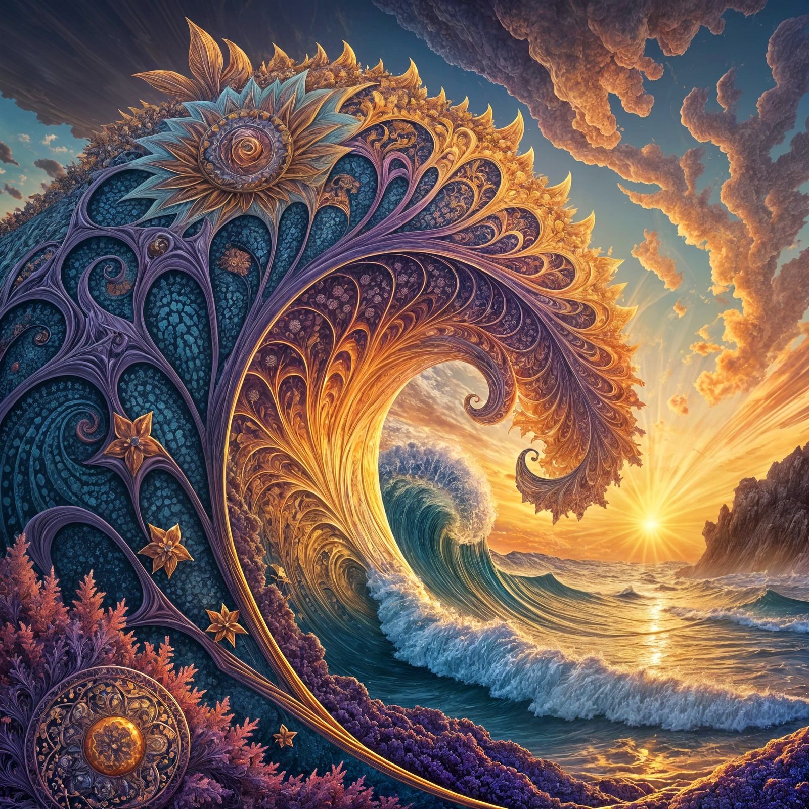 Ethereal Jewel-Toned Sunrise in Abstract Fractal Pattern