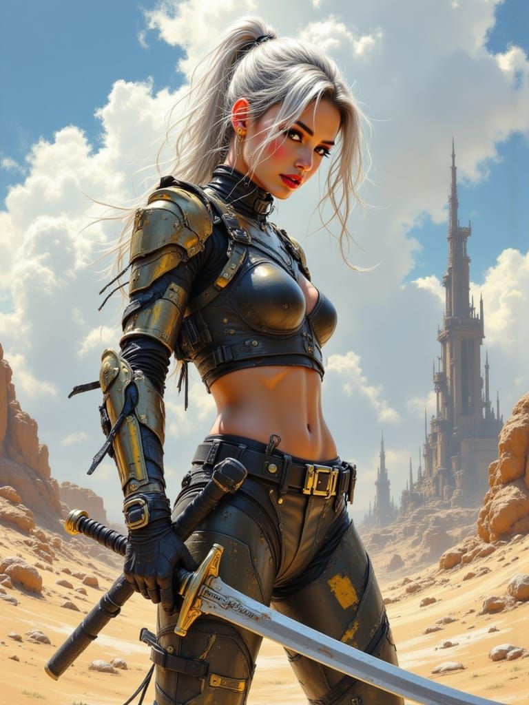 Silver-Haired Warrior Dominates the Futuristic Desert Landsc...