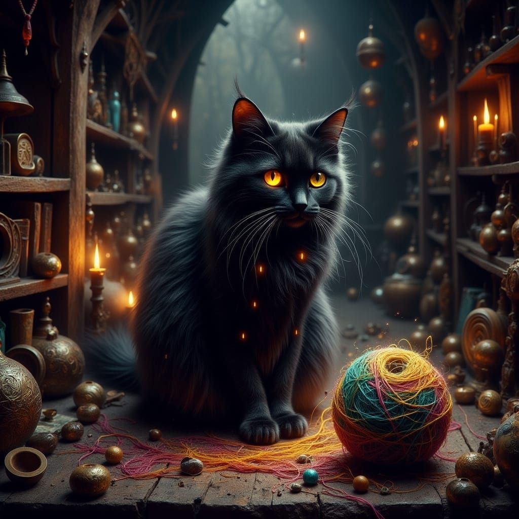 Hyperrealistic Fantasy Scene with Black Cat and Mystical Sym...
