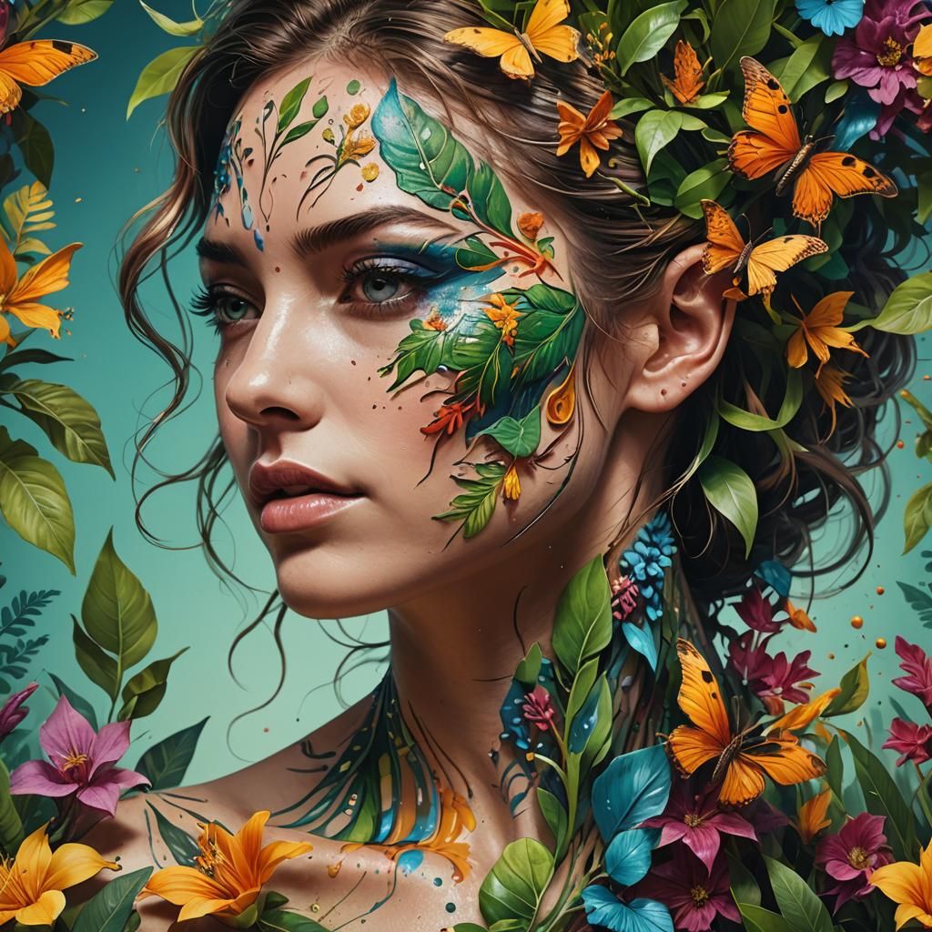 Botanic Body Art in Hyperrealistic Splash Art Style