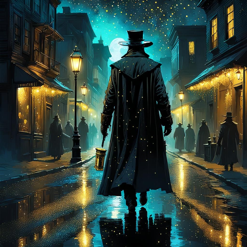 Plague Doctor at Night with Golden Sparkles