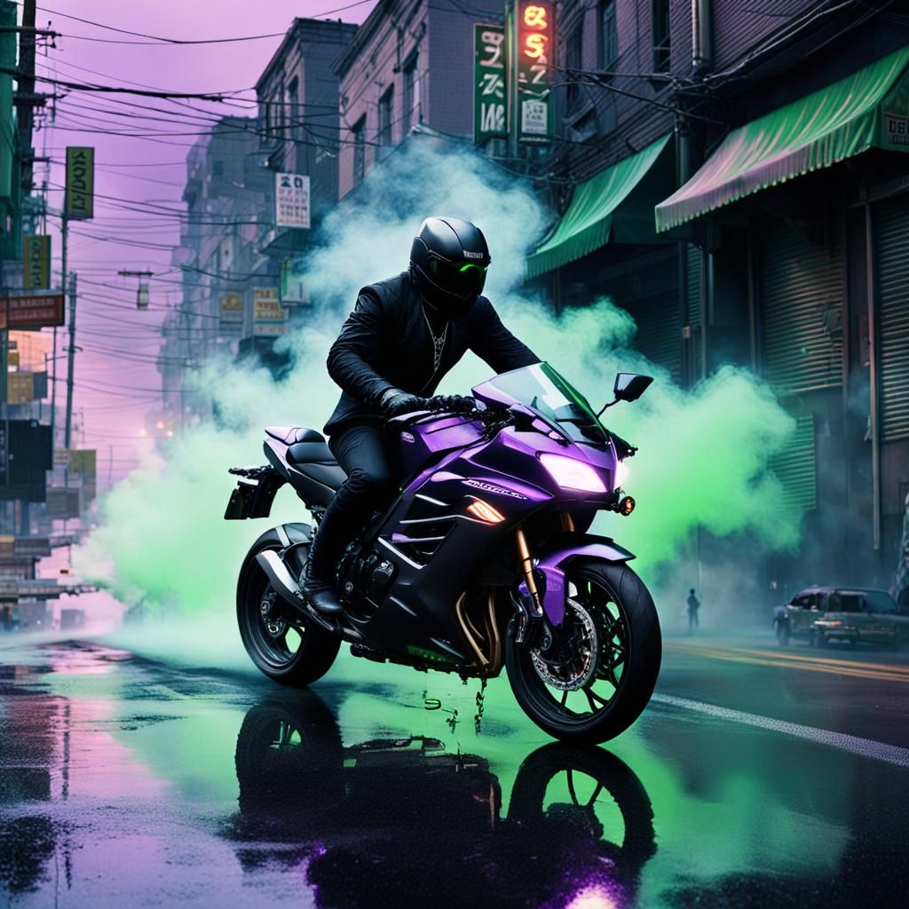 Man on Ninja Bike in Smoke, Cyberpunk Matte Painting