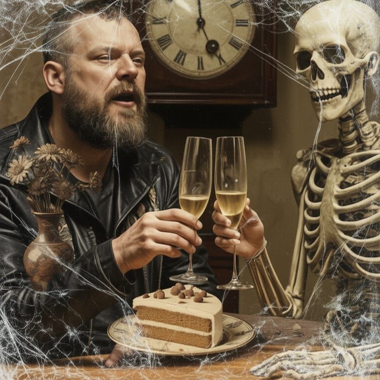 Skeleton Couple Toasts New Year in Vintage Daguerreotype Sty...