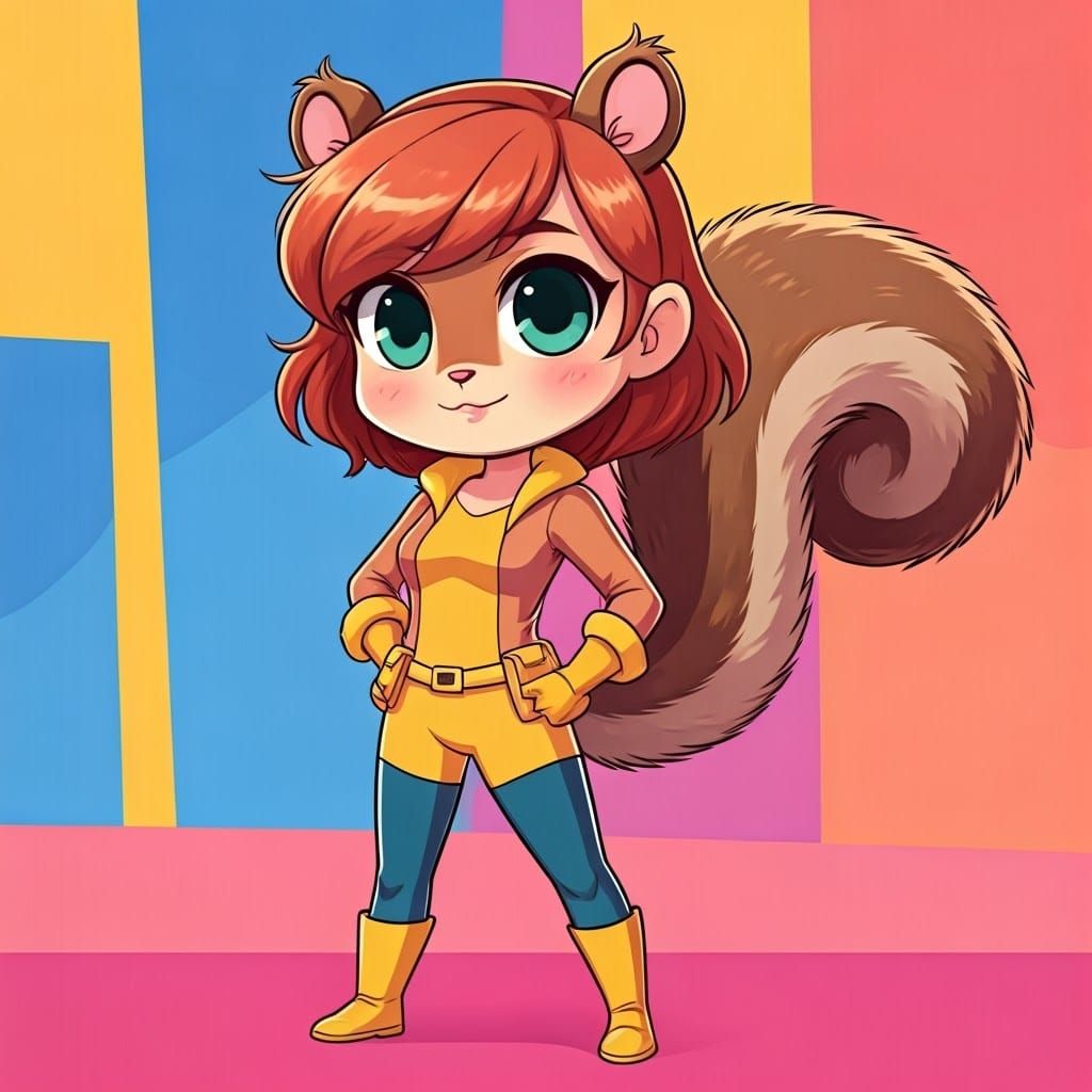 Kawaii Squirrel Girl Superhero in Vibrant Cityscape