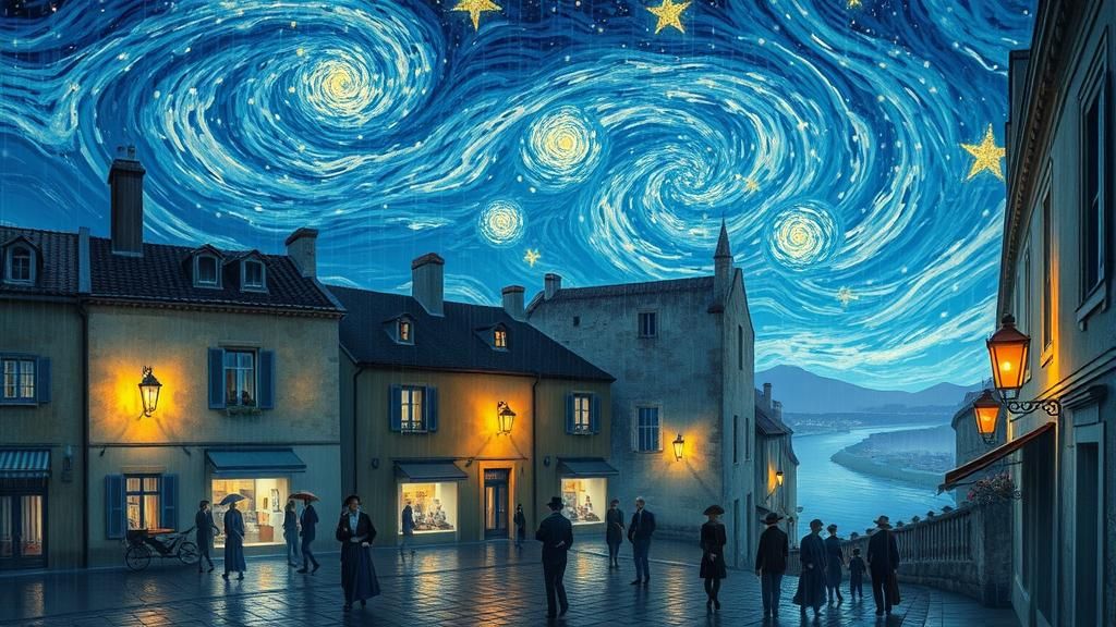 Mystical Arles Streetscape Under Starry Night Sky
