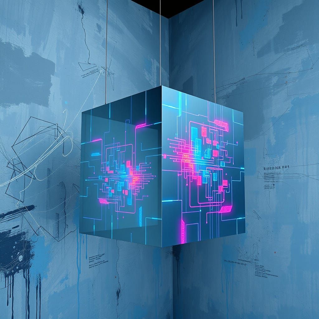 Surreal Metallic Cube in Turbulent Void: Digital Minimalism...