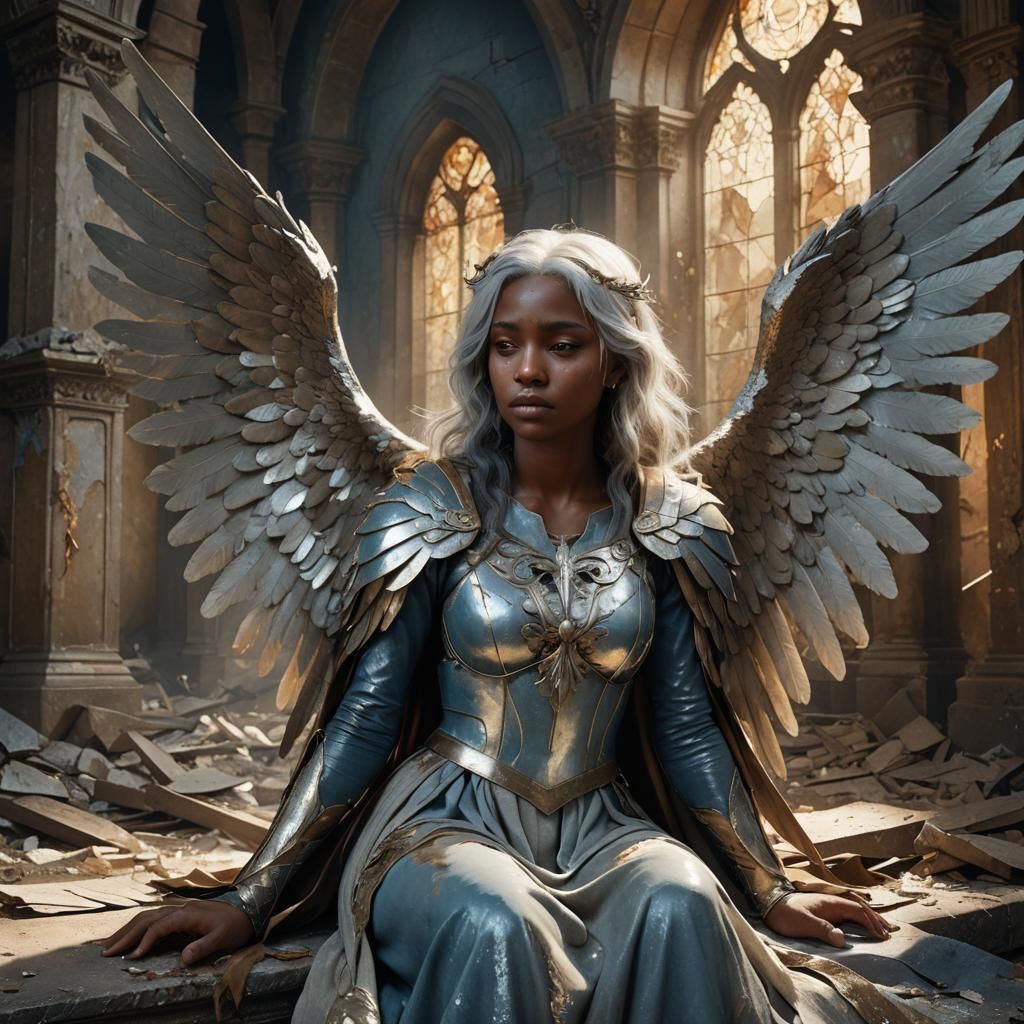Fallen Aasimar Crying in Dilapidated Chapel