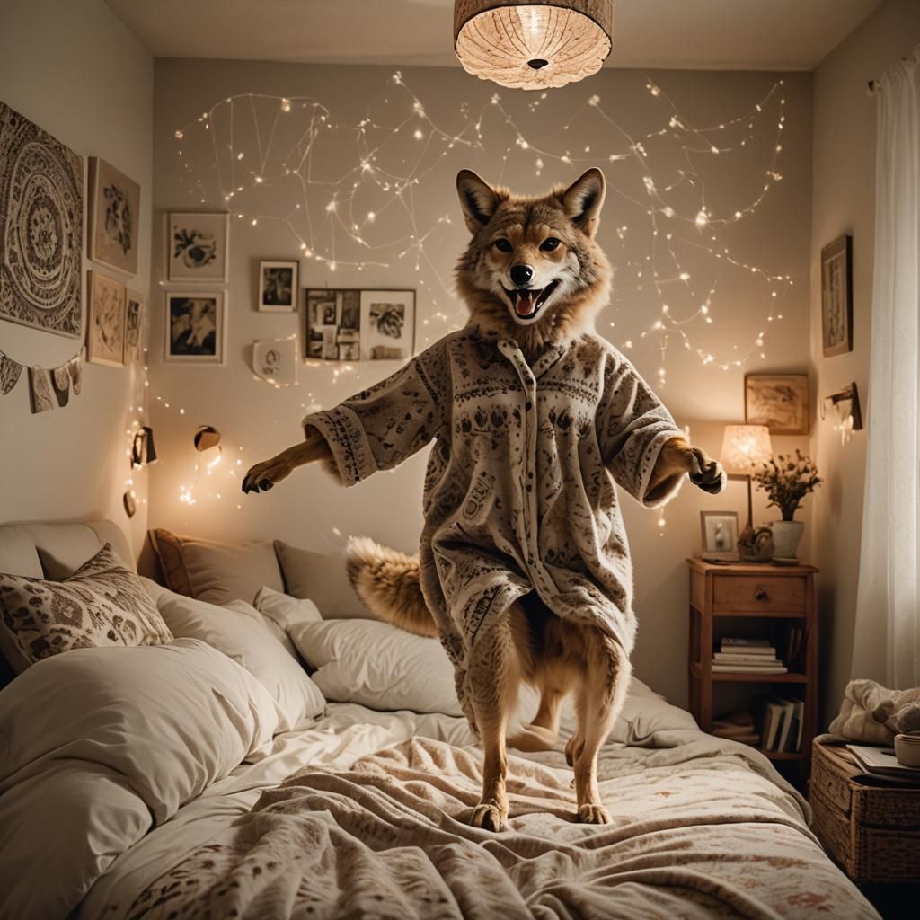 Playful Furry Coyote in Cozy Bedroom, Vibrant Art Style