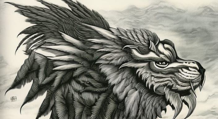 Lion with beak and wings on mountaintop nest ::  painting :: fantasy :: Griffon Griffin :: Fantasy winged beast :: Flyin...