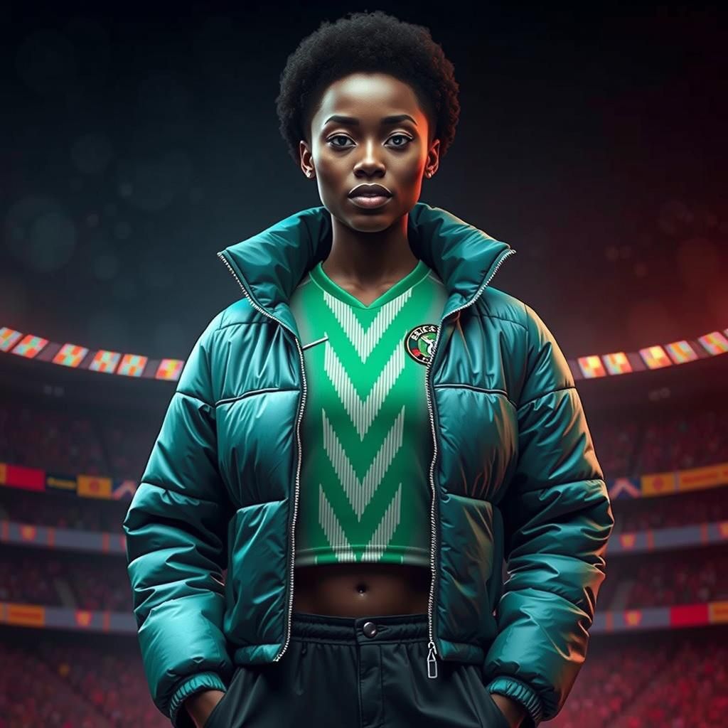 Confident Woman in Stadium with Biomechanical Accents