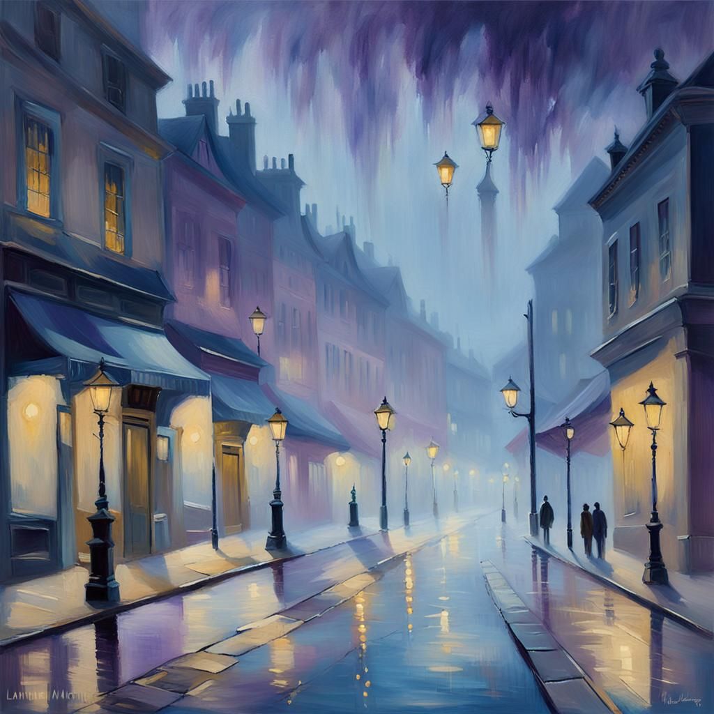 Misty Gaslit Street: Impressionist Nocturne