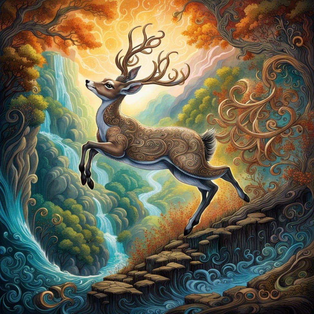 Doe's Fantastical Leap: Gouache Watercolor Illustration
