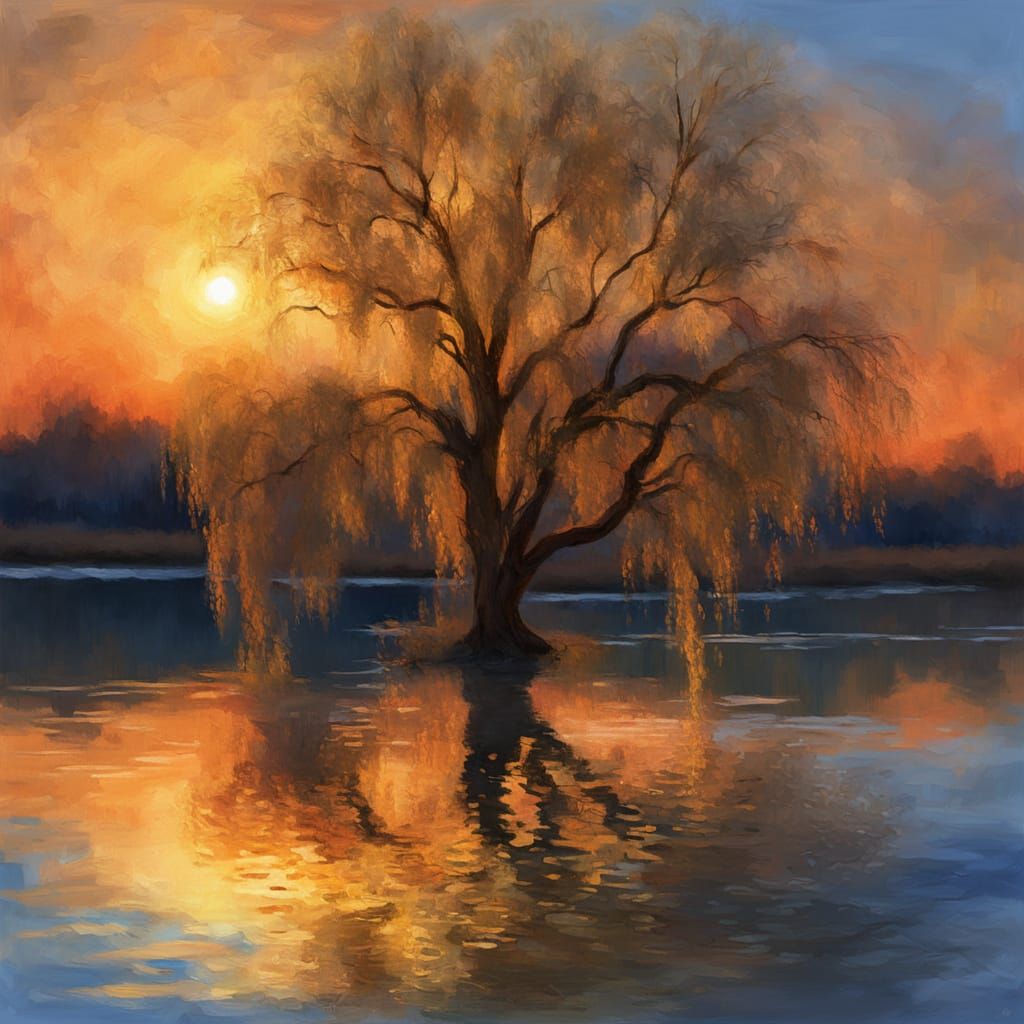 Tranquil Willow Tree at Golden Hour Sunset