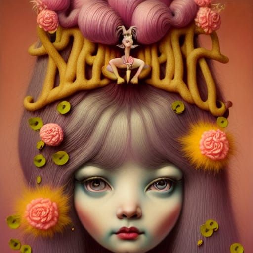 Pop Surrealism Portrait of Cotton Candy Haired Woman