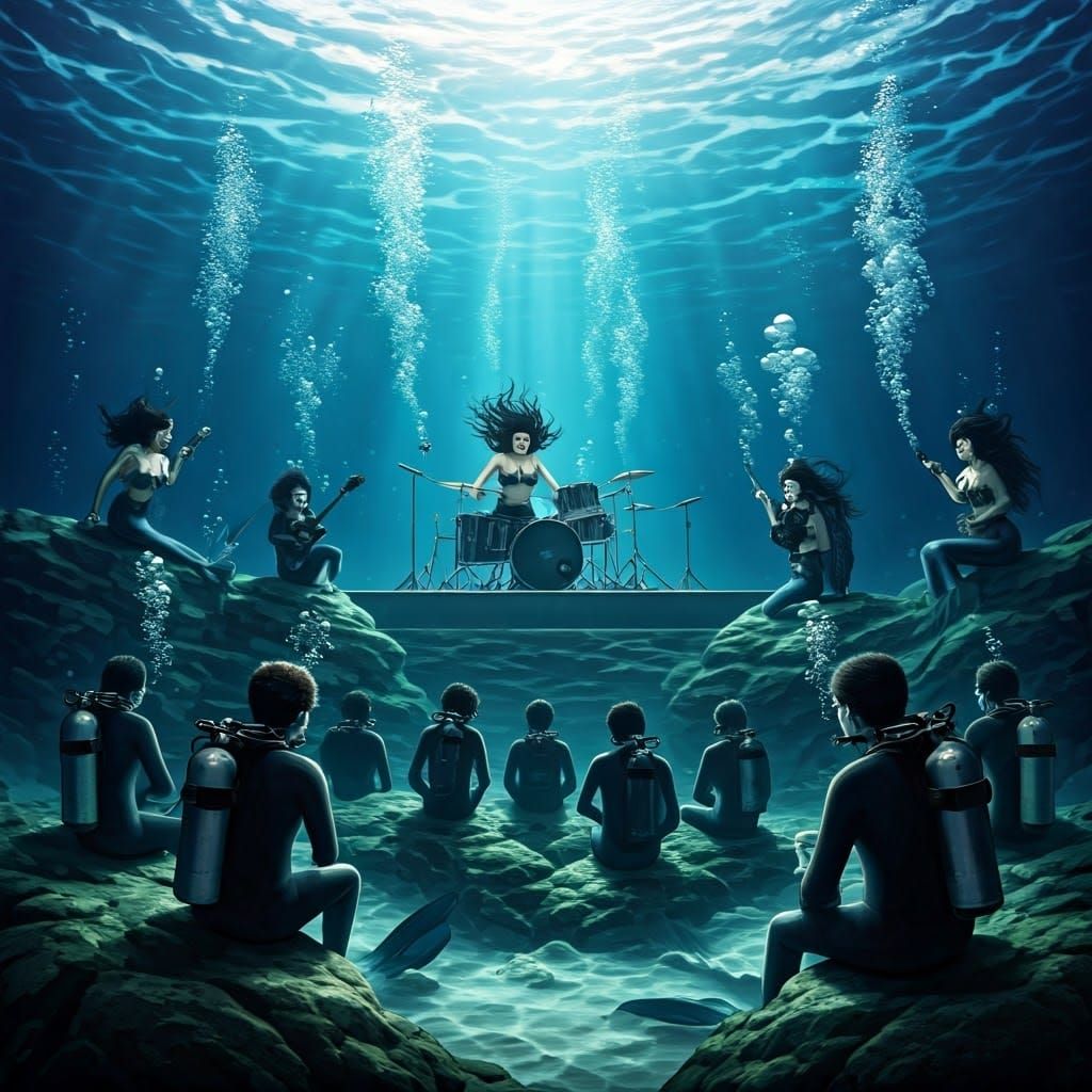 Underwater Rock Concert with Mermaids and Divers
