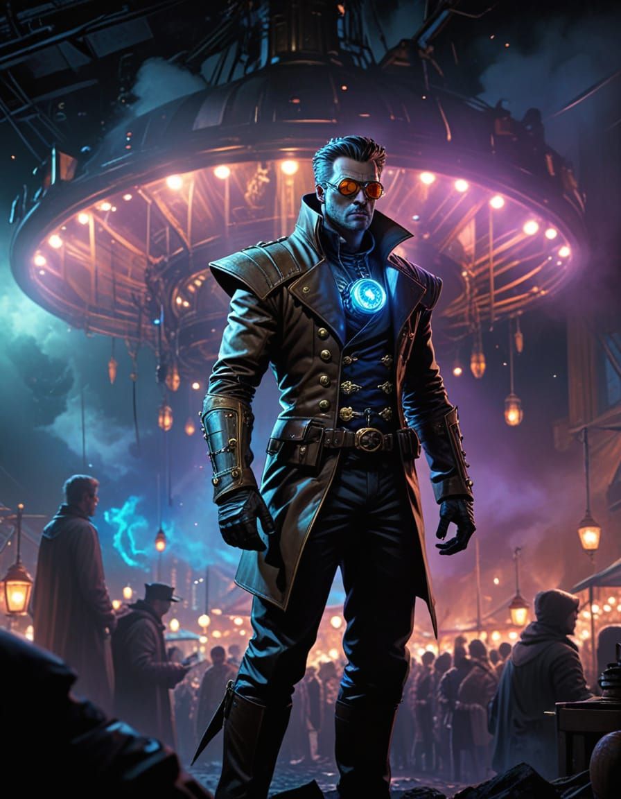 Steampunk Time Wizard in Bustling Market Scene