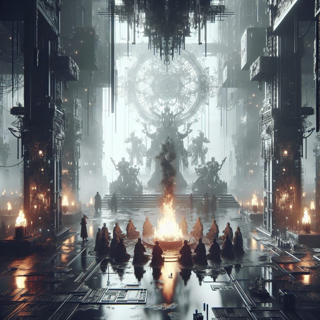 Monochrome Cyberpunk Bonfire Ritual as Matte Painting