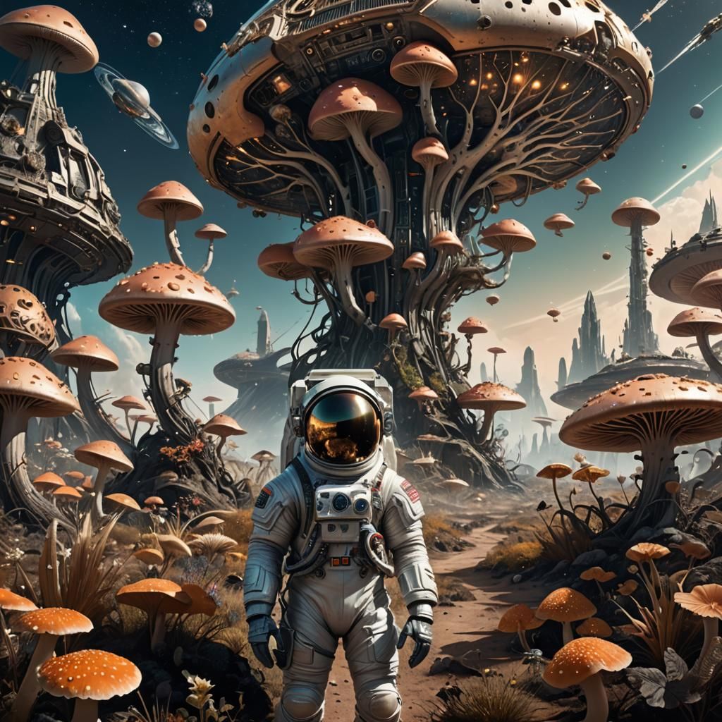 Astronaut in Retro Sci-Fi Landscape with Spaceship