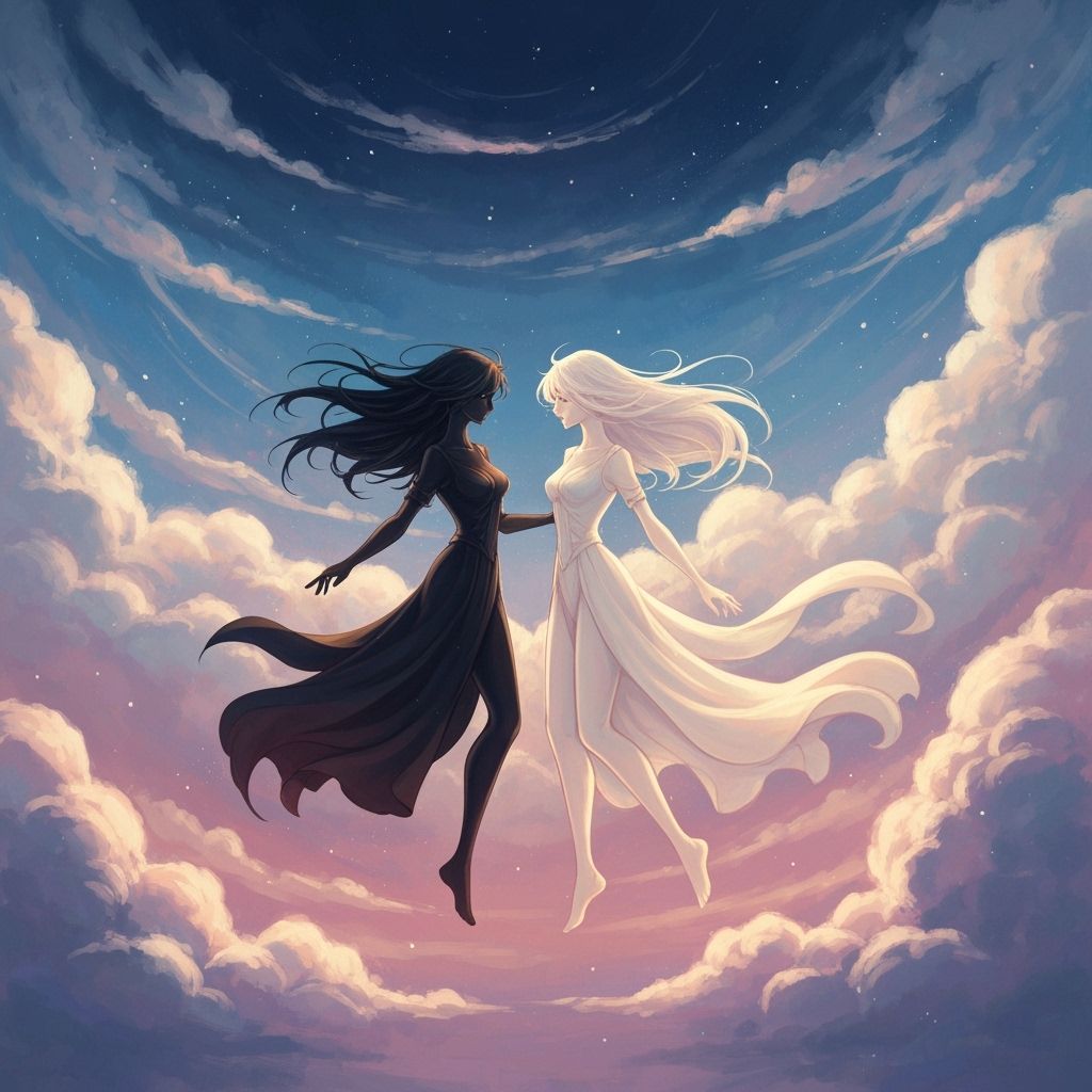 Personified Light and Darkness Dance in Ethereal Sky