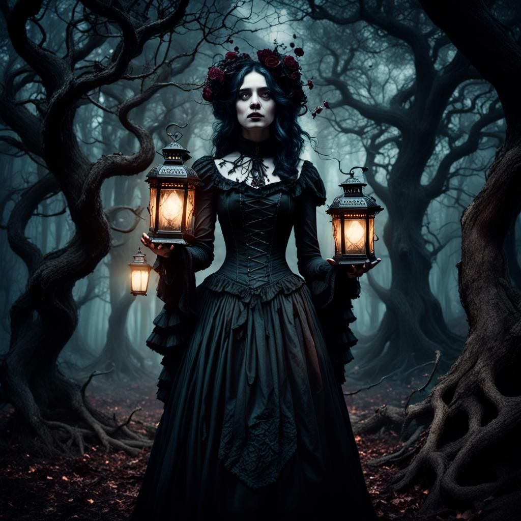 Goth Goddess in Mystical Forest, Surreal Dark Art