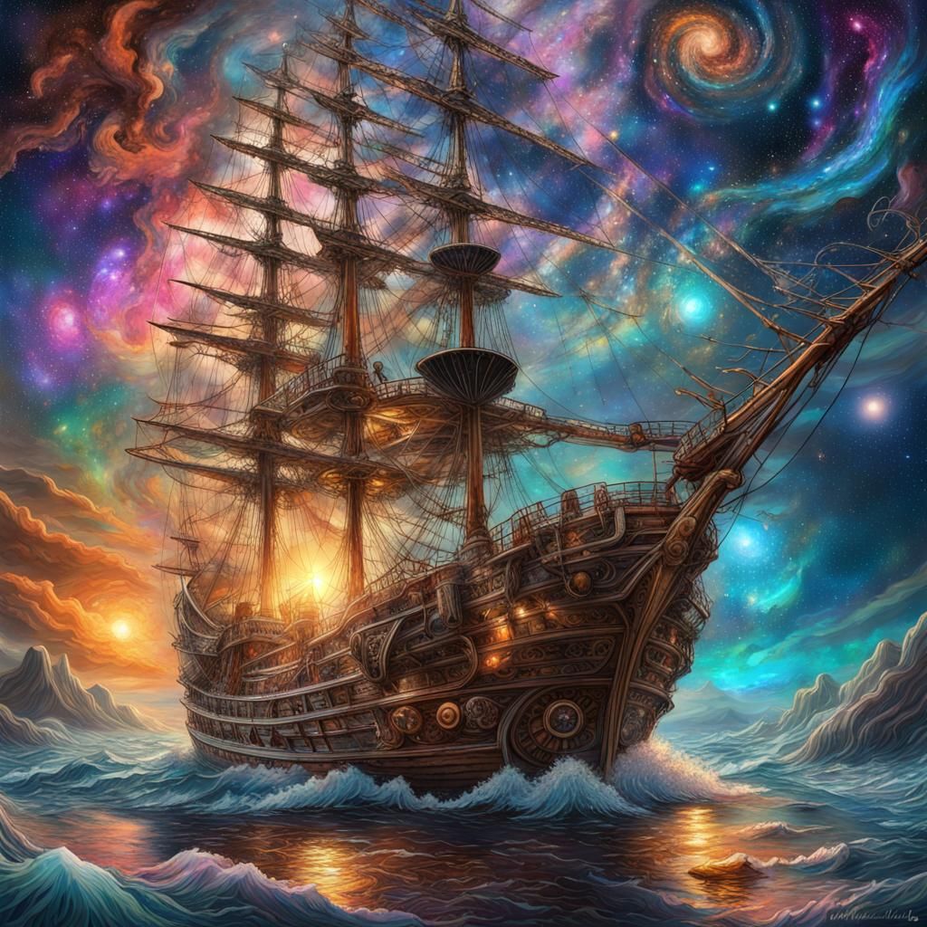 Cosmic Sailing Ship Amidst Astral Nebulas