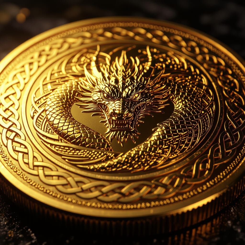 Shiny Gold Dragon Coin with Celtic Knotwork