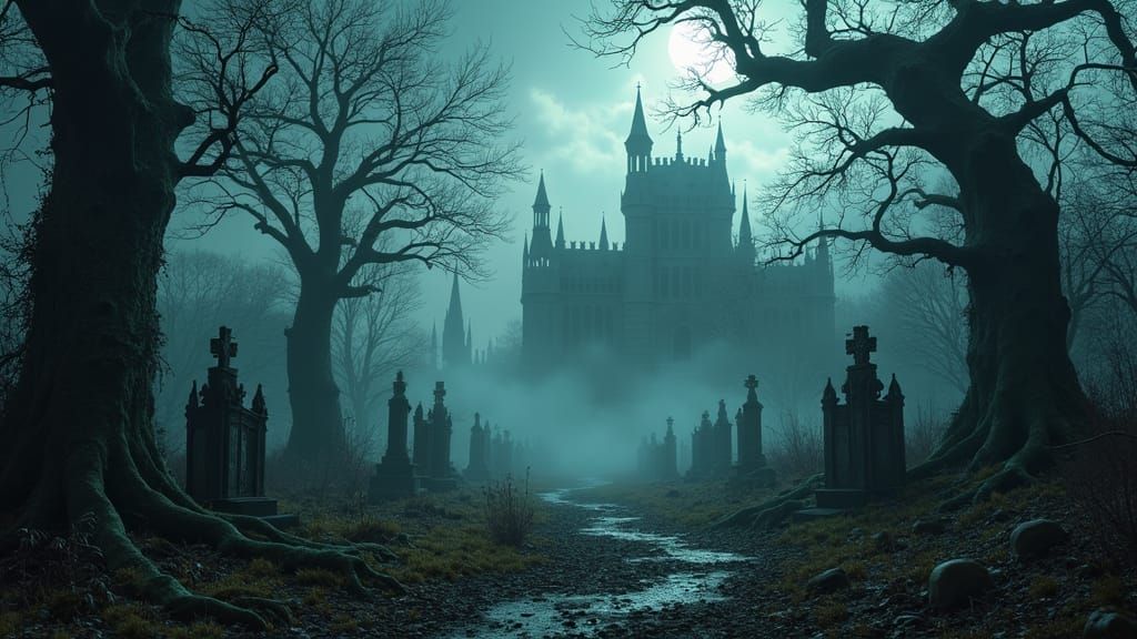 Abandoned Gothic Castle Under Dark Halloween Skies