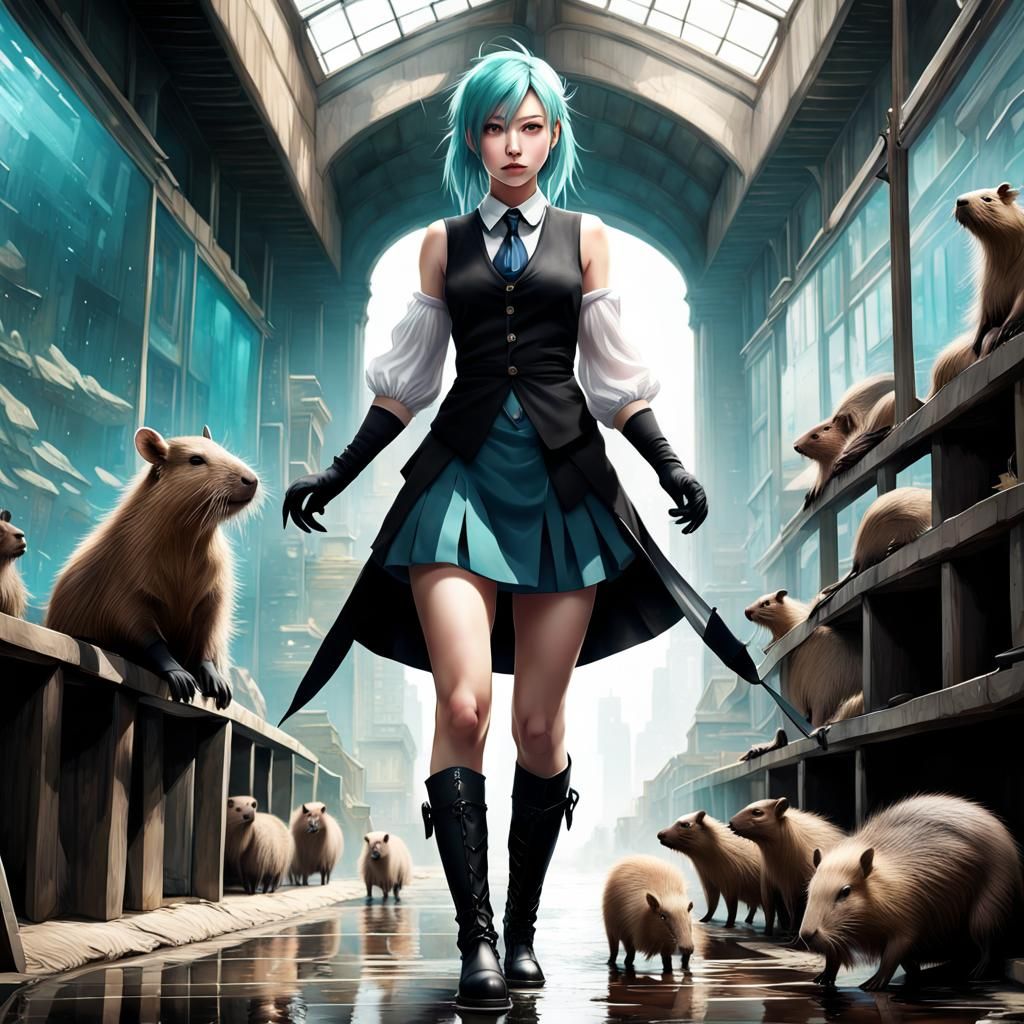 Cosplaying Girl with Capybara in Detailed Fantasy Art