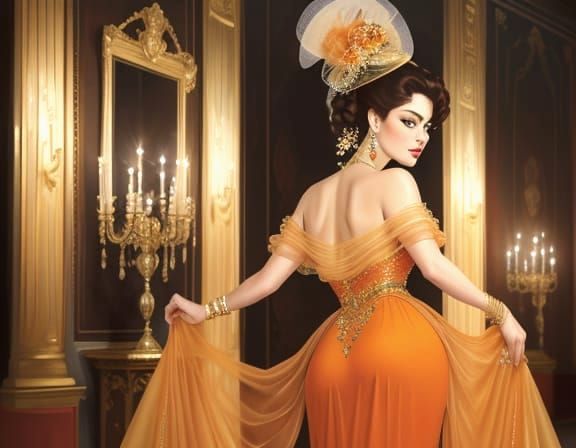 Elegant Portrait of Woman in Orange Chiffon, Oil Painting