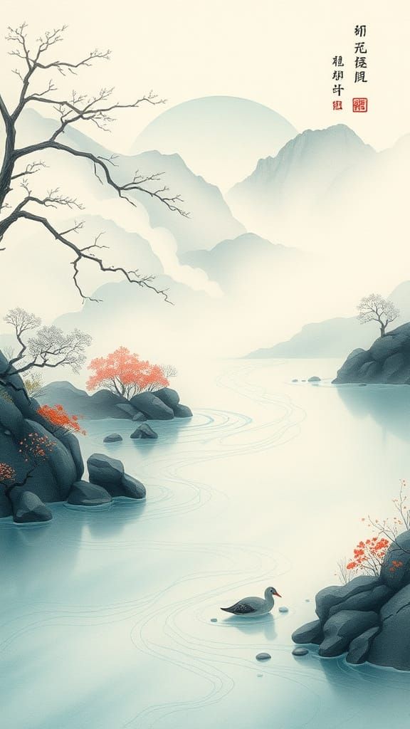 Serene River of Letters in Dreamy Symbolism Style