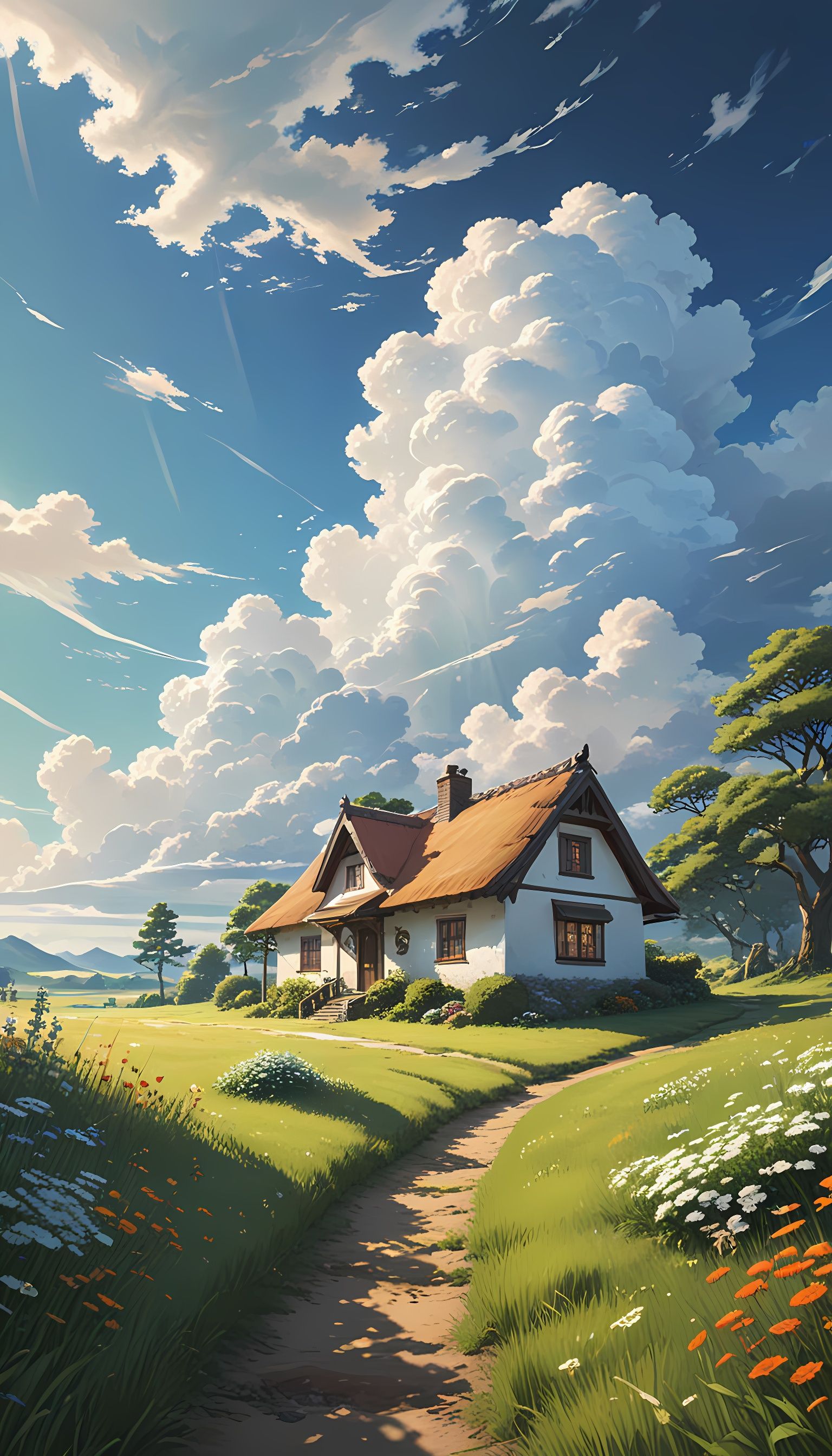 Magical Daytime Scene with Fluffy White Clouds and Cozy Cott...