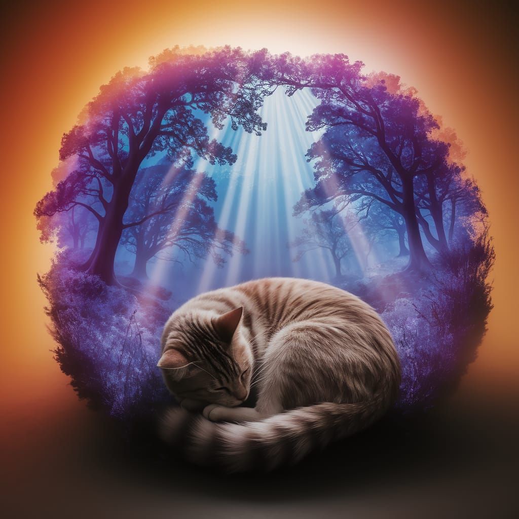 Sleeping Cat Merged with Moonlit Forest Double Exposure